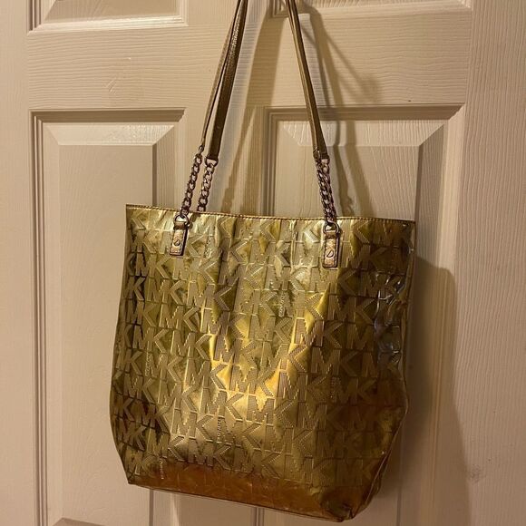 MICHAEL KORS LEATHER MEDIUM TOTE BAG GOLD COLOR MONOGRAM - Picture 1 of 15